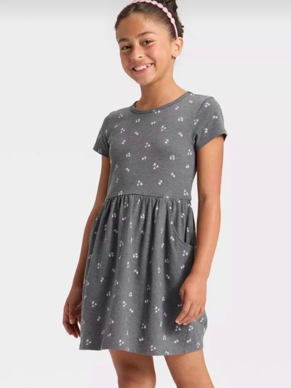 Cat & Jack Charcoal Short-Sleeve Dress with Pink Floral Print XS (4/5)